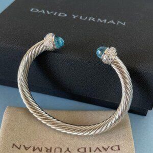 David Yurman Bracelet 7mm Sterling Silver Prasiolite Diamond Cable Classic Cuff